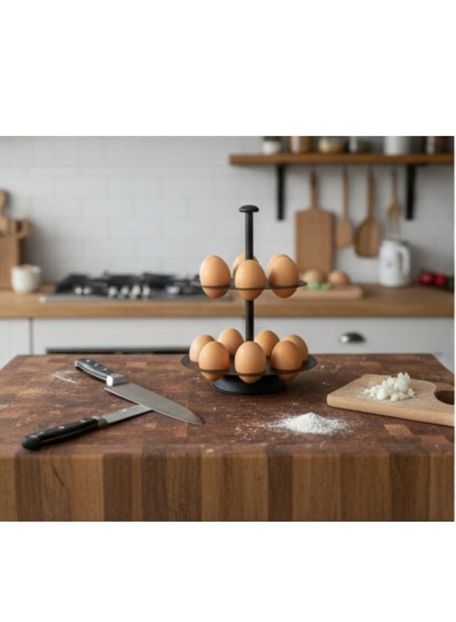 حامل بيض معدني مزدوج الطبقات غير دوار - منظم تخزين بيض دائري موفر للمساحة لسطح المطبخ أو الثلاجة - يتسع لـ 12 بيضة - تصميم أسود أنيق - Image 4